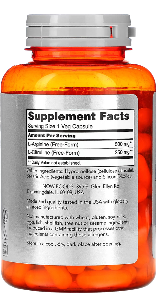 Arginina 500mg E Citrulina 250mg Nowfoods 120vegcaps Eua/usa - Imagem 2