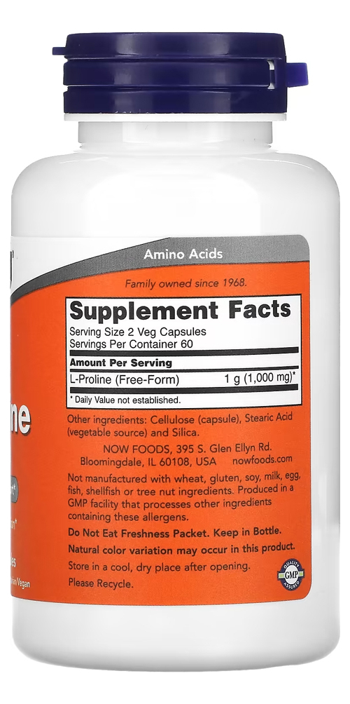 L-prolina 500mg Now Foods 120 Veg Caps Importado - Imagem 2