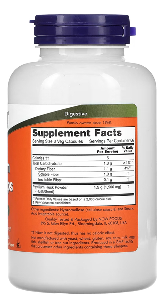 Fibra De Psyllium 500mg Now Foods 200 Cáps + Porta Cápsulas