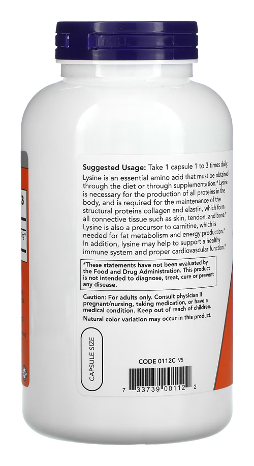 L-lisina 500mg Now Foods L-lysine 250 Veg Caps Importado - Imagem 3