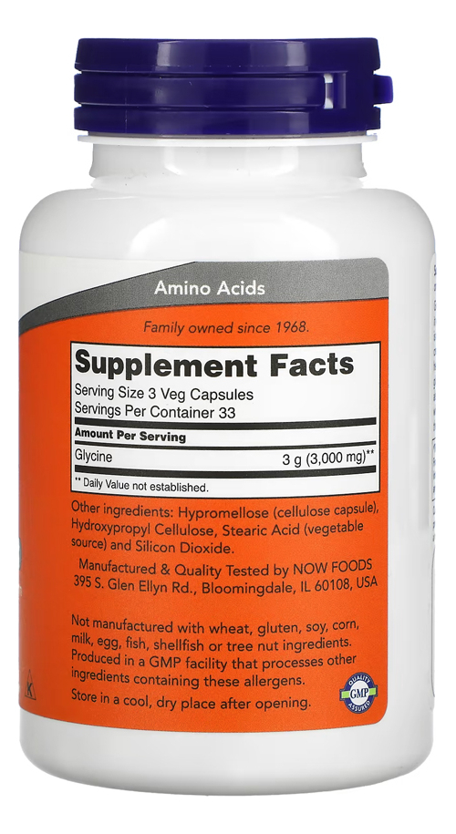 Glicina 1000mg Now Foods Glycine 100 Veg Caps 3un - Imagem 4