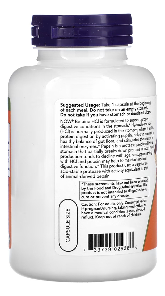 Betaína Hcl 648mg Now Foods Betaine Hcl 120 Cáps +porta Cáps - Imagem 2