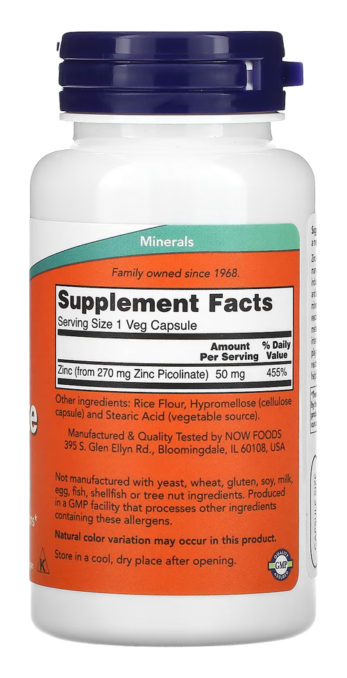 Zinco Picolinato 50mg Now Foods Zinc 120veg Caps 4un - Imagem 4