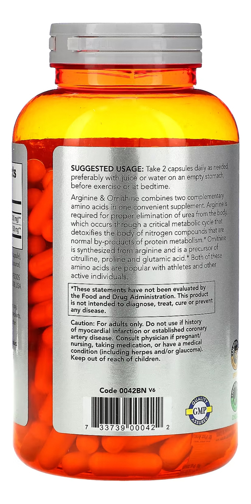 Arginina Ornitina 500mg/250mg Now Foods 250cap Importado - Imagem 3
