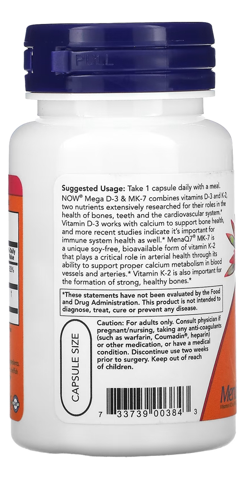 Mega D-3 5000iu E Mk-7 180mcg Now Foods 60 Veg Caps - Imagem 3