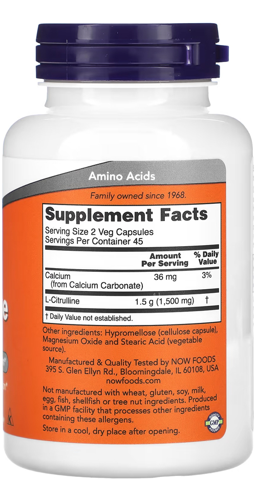 L-citrulina 750mg Now Foods 90 Veg Caps Importado - Imagem 2