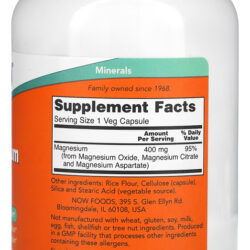 Magnésio Magnesium 400mg Now Foods 180 Veg Cáps +porta Cáps