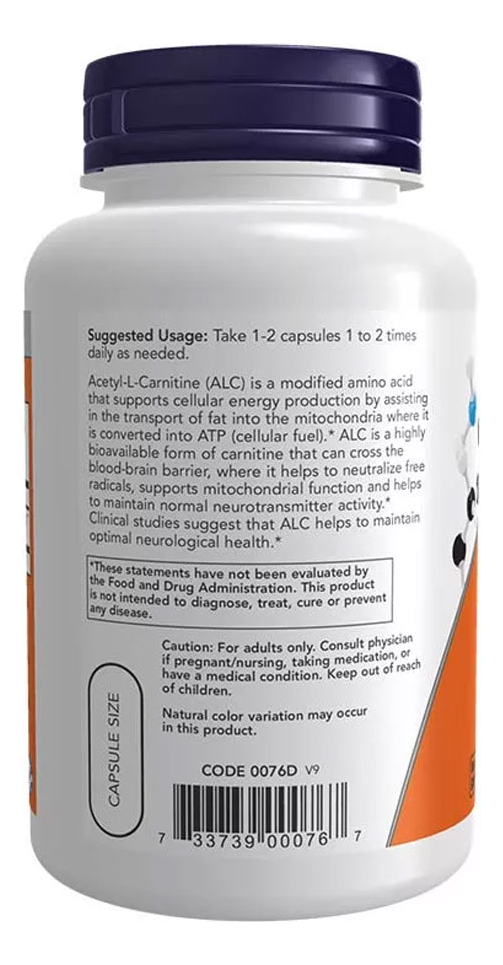 Acetil L-carnitina 500mg Now Foods 100 Cáps + Porta Cápsulas - Imagem 3