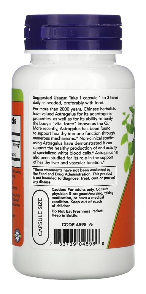 Astragalus Erva Chinesa 500mg Now Foods 90vcaps 4un - Imagem 5