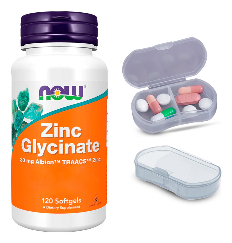 Glicinato Zinco 30mg Now Foods 120 Softgels + Porta Cápsulas