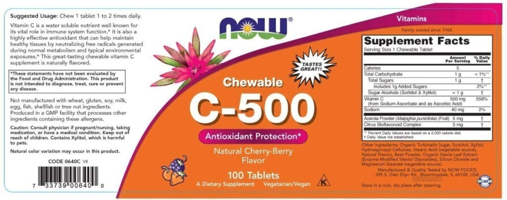 Vitamina C-500 100% Mastigável Now Foods Sabor Natural De Cereja E Frutos Silvestres - Imagem 3
