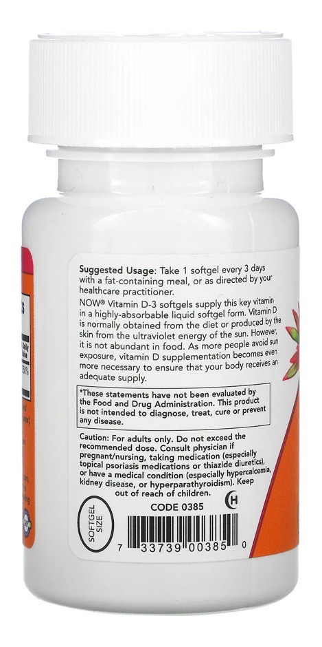 Now Foods Vitamina D3 250mcg Alta Potência 240 Softgels - Imagem 3