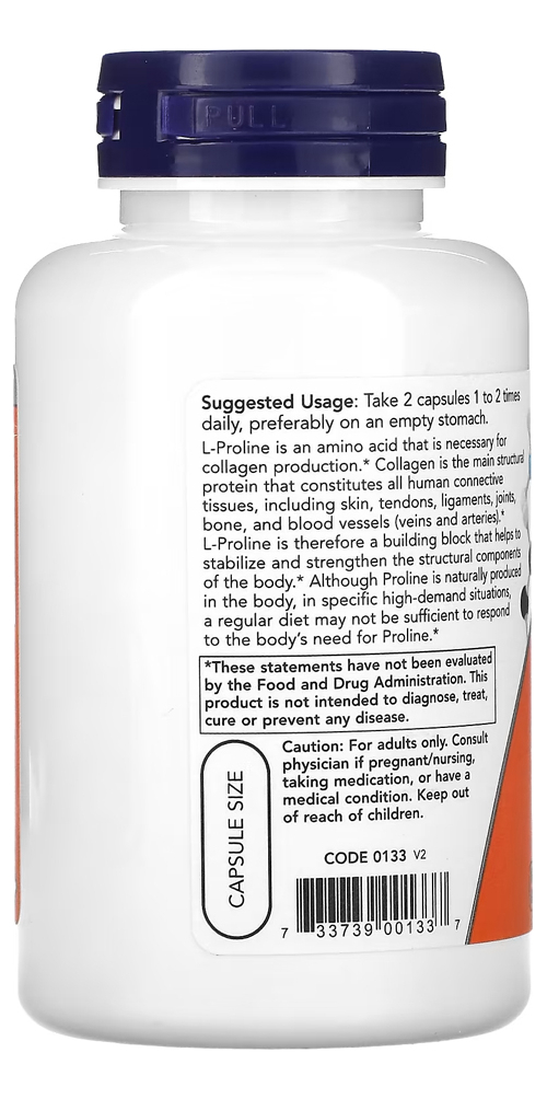 L-prolina 500mg Now Foods 120 Veg Caps Importado - Imagem 3