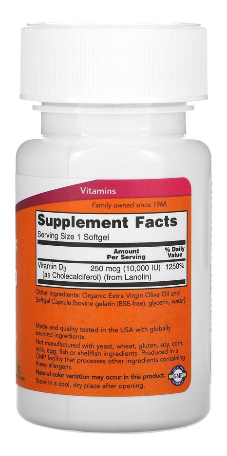 Now Foods Vitamina D3 250mcg Alta Potência 240 Softgels - Imagem 2