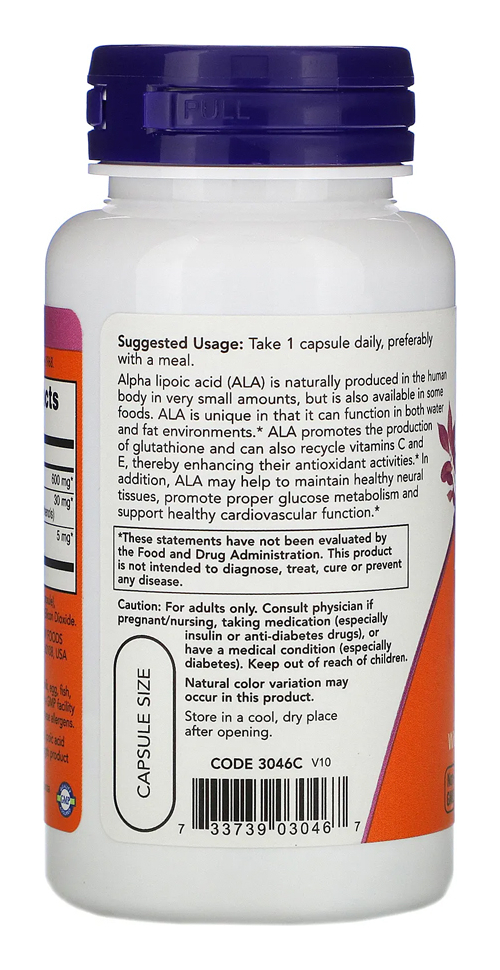 Ácido Alfa Lipóico 600mg Now Foods 60veg Caps - Imagem 3