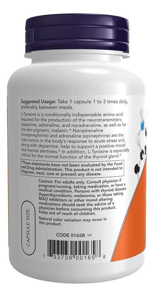 L-tirosina 750mg Now Foods L-tyrosine 90 Veg Cáps - Imagem 2