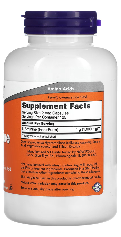 L-arginina 500mg Now Foods L-arginine 250 Veg Caps 4un - Imagem 4