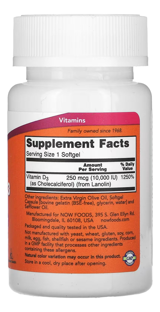 Vitamina D3 10.000 Ui Now Foods 120 Soft Gels Importado Eua Sem Sabor - Imagem 3