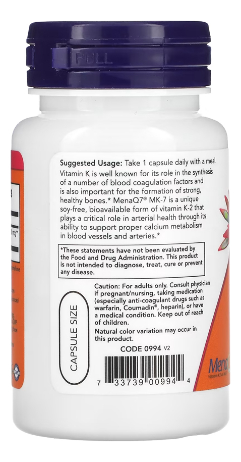 Mk-7 Vitamina K-2 300mcg Now Foods 60 Cápsulas Importado - Imagem 3