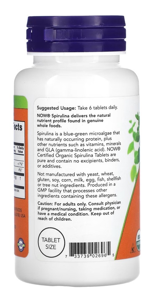 Spirulina Orgânica 500mg Now Foods 100 Tablets Importado Eua - Imagem 3