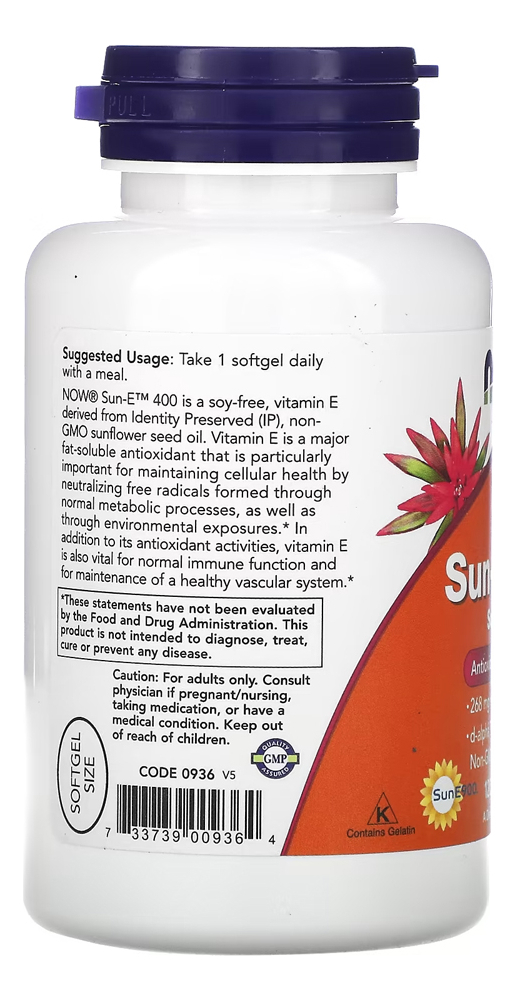 Vitamina E Sun-e 400 268mg Now Foods 120soft Importado 3un - Imagem 4