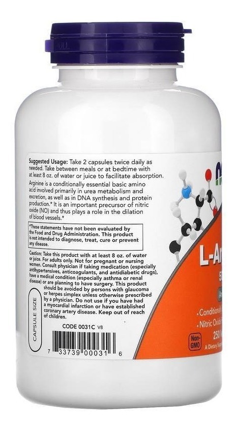 Arginina Now Foods L Arginine Importada Pura 500mg 250 Caps - Imagem 3