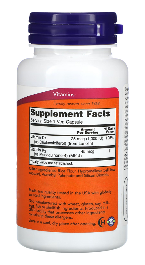 Vitamina D3 25mg Com Vitamina K2 45mg Now Foods 120veg Cap - Imagem 2