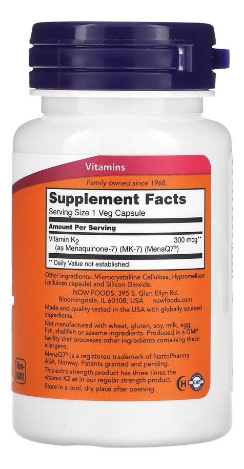 Mk-7 Vitamina K-2 300mcg 60 Cápsulas Importado 2un Now Foods - Imagem 3