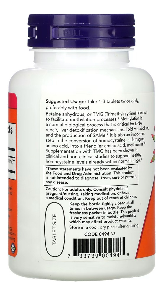 Tmg Betaína 1000mg 100 Tabs Importado 5un Now Foods - Imagem 3