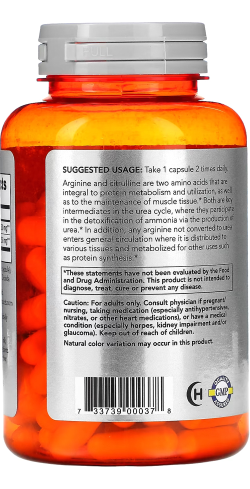 Arginina 500mg E Citrulina 250mg Nowfoods 120vegcaps Eua/usa - Imagem 3