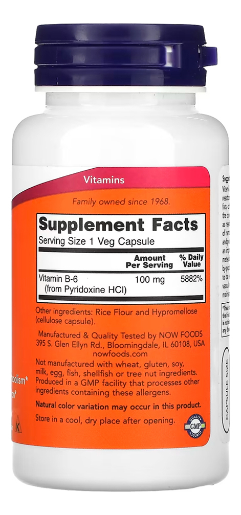 Vitamina B-6 100mg 100 Cáps Importado 3un Now Foods - Imagem 4
