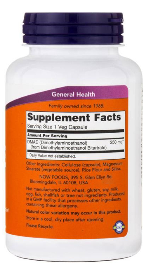 Dmae 250mg Now Foods Dimetilaminoetanol 100 Veg Caps 4un - Imagem 4