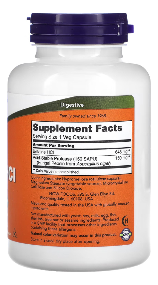 Betaína Hcl 648mg Now Foods Betaine Hcl 120 Cáps +porta Cáps - Imagem 2