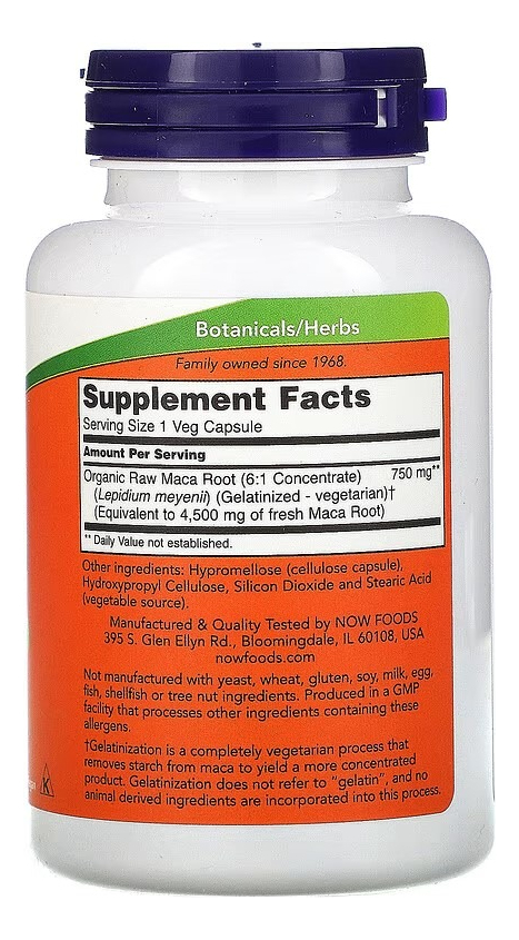 Maca Cru Raw Maca Now Foods 750 Mg 90 Cápsulas Vegetais Sabor Neutro - Imagem 2