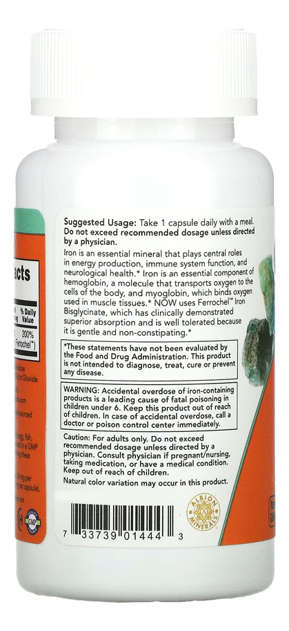 Now Foods Bisglicinato De Ferro 36mg Iron 90 Veg Capsulas - Imagem 3