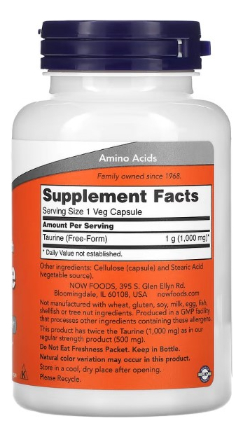Taurine 1000mg Força Dupla 100 Cápsulas Taurina - Now Foods - Imagem 2