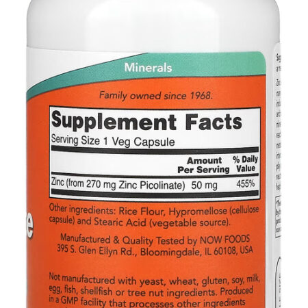 Zinco Picolinato 50mg Now Foods Zinc Picolinate 120 Veg Caps - Imagem 2