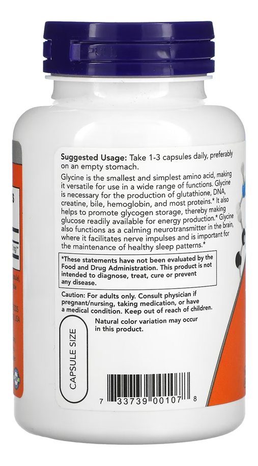 Glicina 1000mg Now Foods Glycine 100 Cáps + Porta Cápsulas - Imagem 3