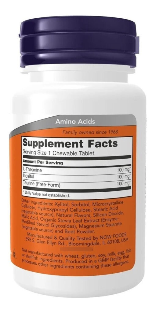Teanina Now Foods 100mg 90 Mastigaveis C/ Inositol E Taurina Sabor Sem Sabor - Imagem 3