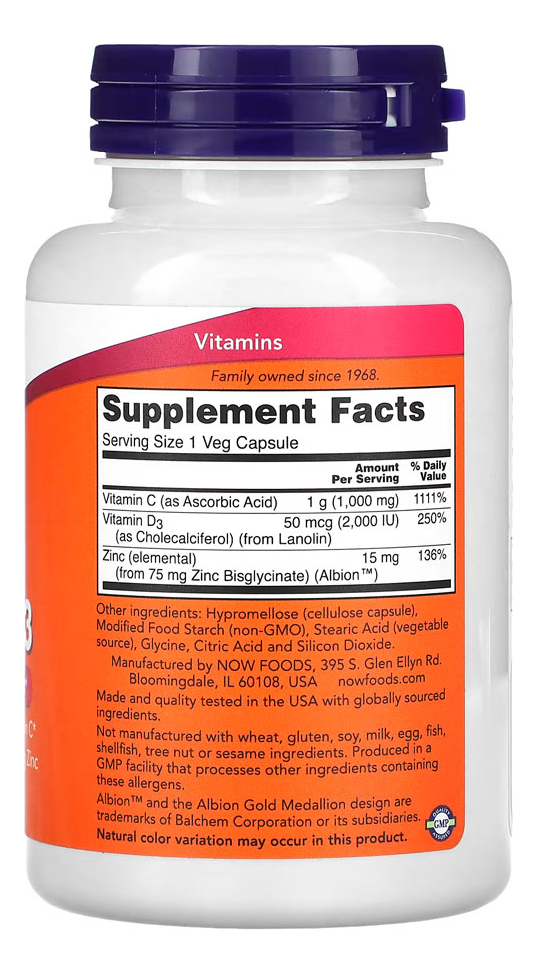 Vitamina C-1000 Zinco E D3 Now Foods 100 Cáps Importado - Imagem 3