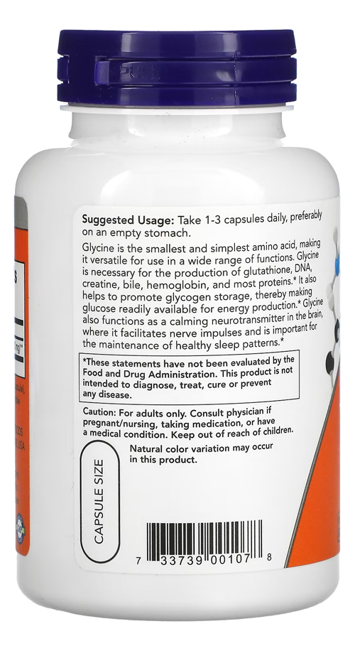 Glicina 1000mg Now Foods Glycine 100 Veg Caps - Imagem 3