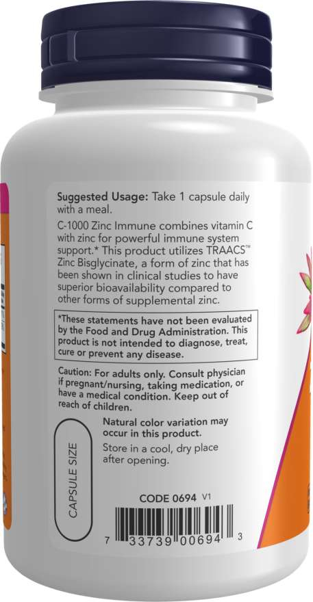 Zinco Vitamina C 1000 Zinc Immune Now Foods 1000mg 180 Cáps Sabor Sem Sabor - Imagem 4