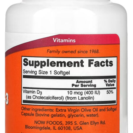 Vitamina D-3 Now Foods 400 Iu 180 Caps Softgels 2un - Imagem 4