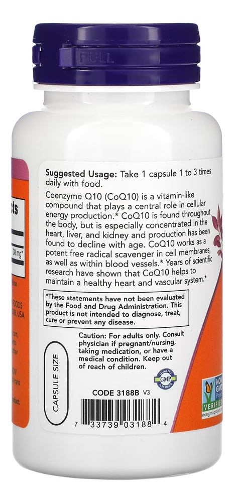 Coenzima Coq10 30mg Now Foods 120 Veg Cáps Importado - Imagem 3