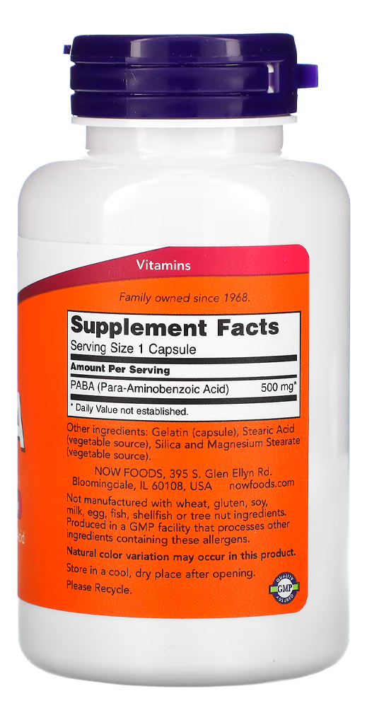 Paba 500mg Now Foods 100 Cápsulas Importado - Imagem 3