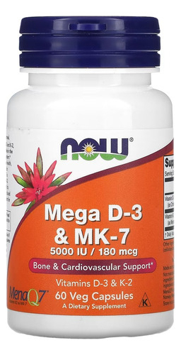 Mega D-3 5000iu E Mk-7 180mcg Now Foods 60 Veg Caps Sabor Sem Sabor