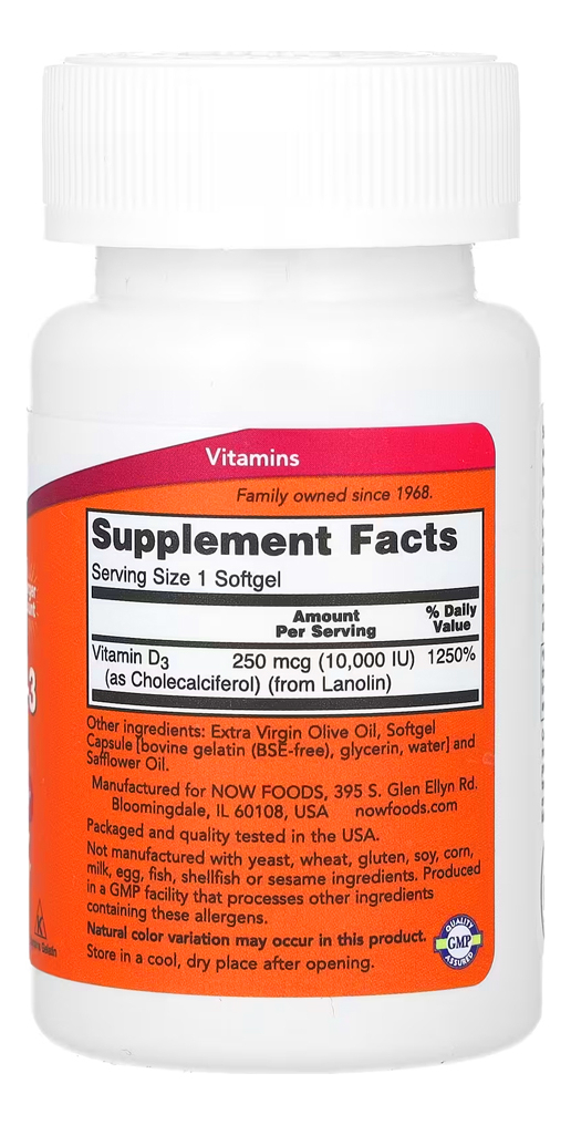 Now Foods Vitamina D3 250mcg Alta Potência 240 Softgels - Imagem 2