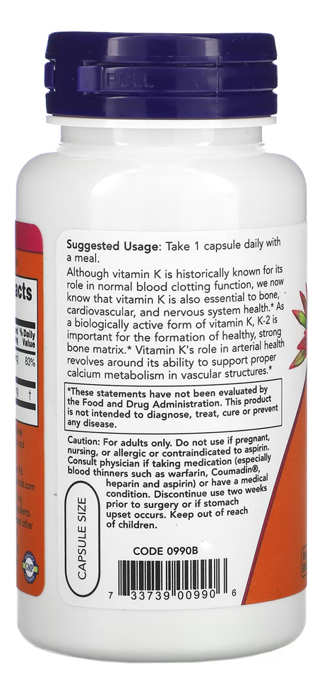 Now Foods Vitamina K2 100mcg 100 Veg Capsulas - Imagem 3