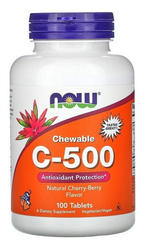 Vitamina C-500 100% Mastigável Now Foods Sabor Natural De Cereja E Frutos Silvestres