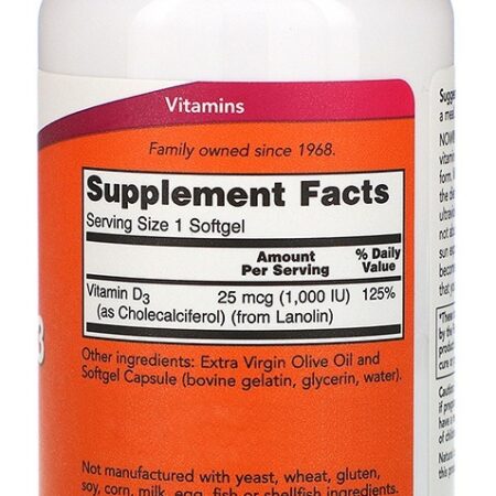Vitamina D3 1000 Iu Alta Potência Now Foods 180softgls - Imagem 2